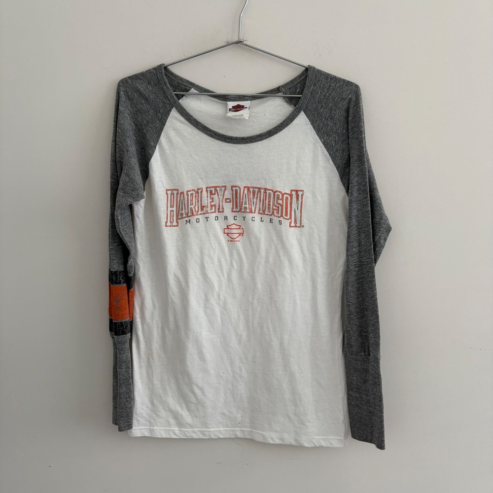 Harley Davidson Womens Raglan Long Sleeve Shirt Coziahr Decatur IL Gray White L